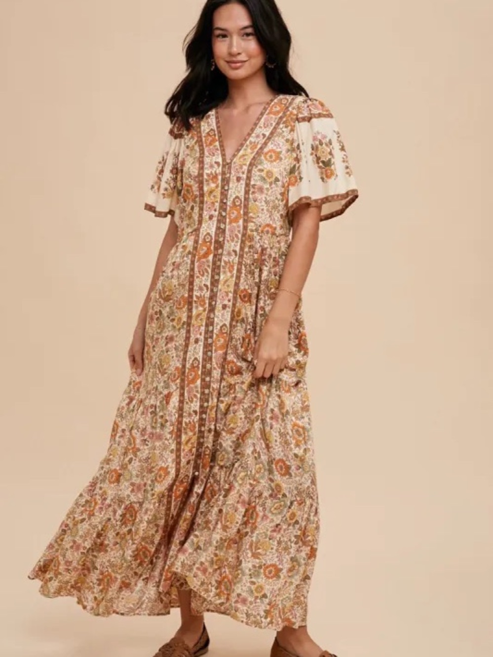 Boho V-Neck Maxi Dress in Cream and Brown Floral
